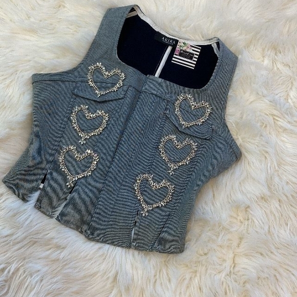 AKIRA Blue Embellished Denim Corset - Picture 2 of 3